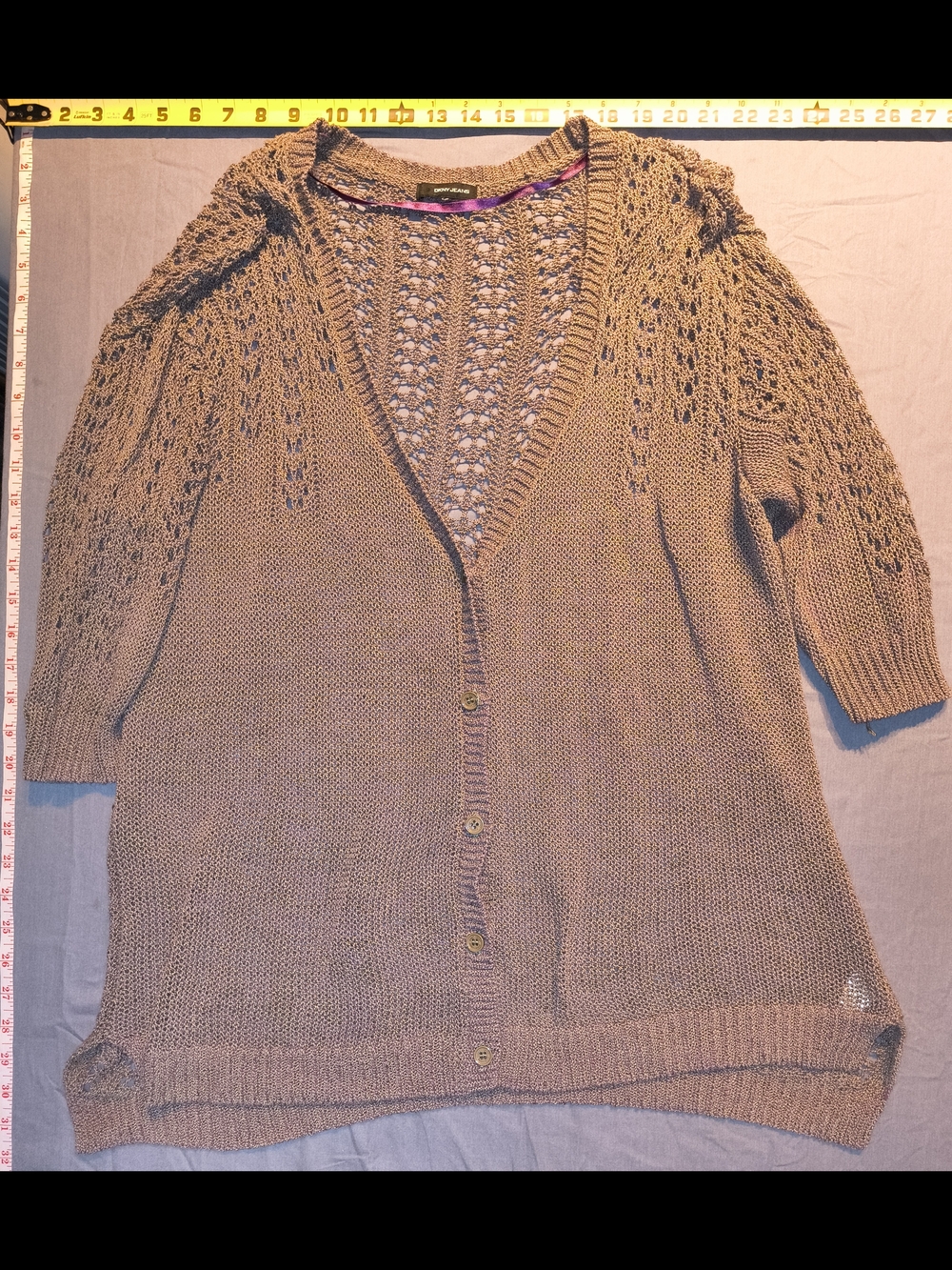 DKNY Taupe Open-Knit Button Front Cardigan